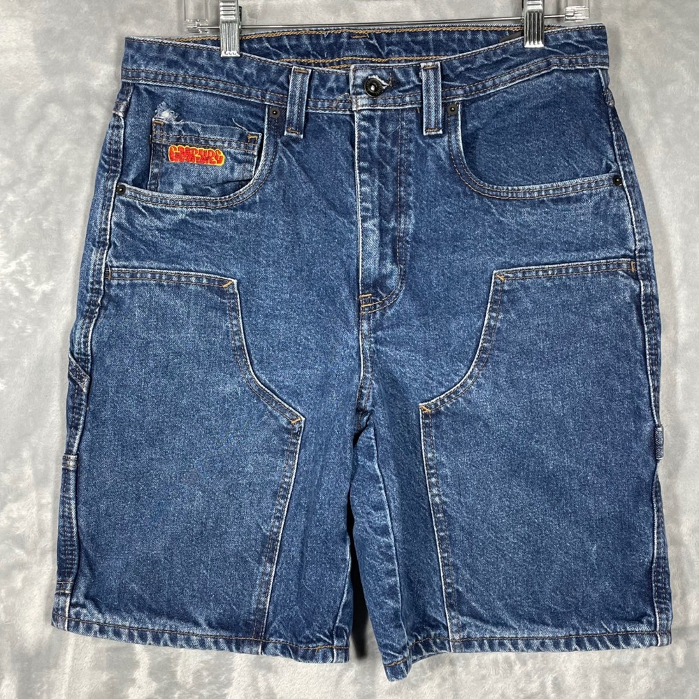 Empre Mens 32 Carpenter Denim Shorts Blue Embroidered Logo Y2K Baggy ZU0926